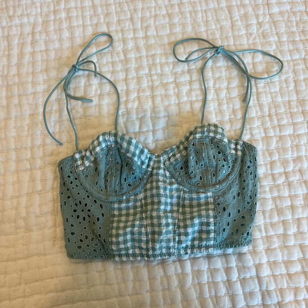 Urban Outfitters Blue Eyelet Gingham Top